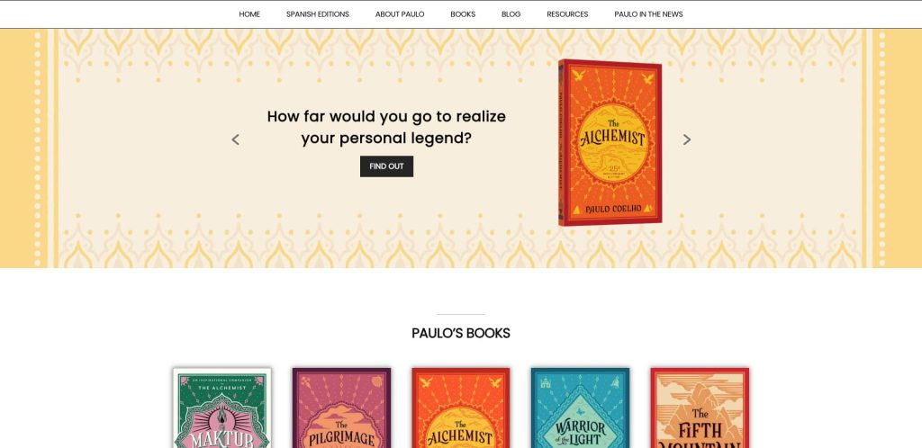 A website page displays books by Paulo Coelho. The center features The Alchemist book cover with the text, How far would you go to realize your personal legend? and a Find Out button below. Other book covers are shown below.