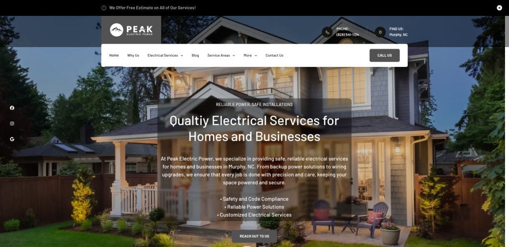 A well-lit, modern two-story house at dusk with the Peak Electric Power website overlay, offering electrical services for homes and businesses, and a navigation menu at the top.