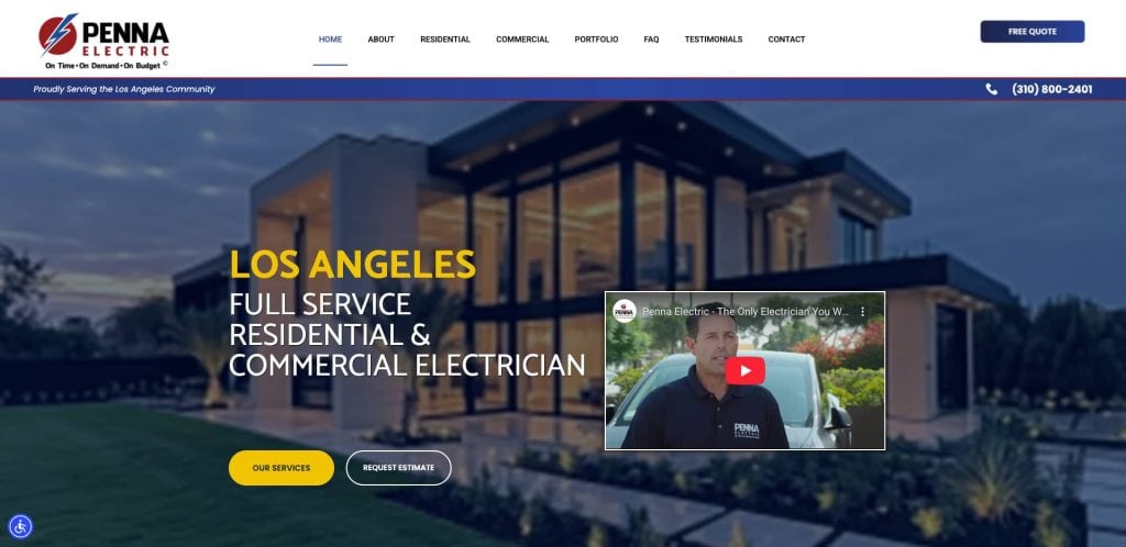 Screenshot of Penna Electric’s homepage showing a modern house at dusk. Text advertises full service residential and commercial electrician services in Los Angeles. A video and service buttons are visible. Contact info appears at the top.