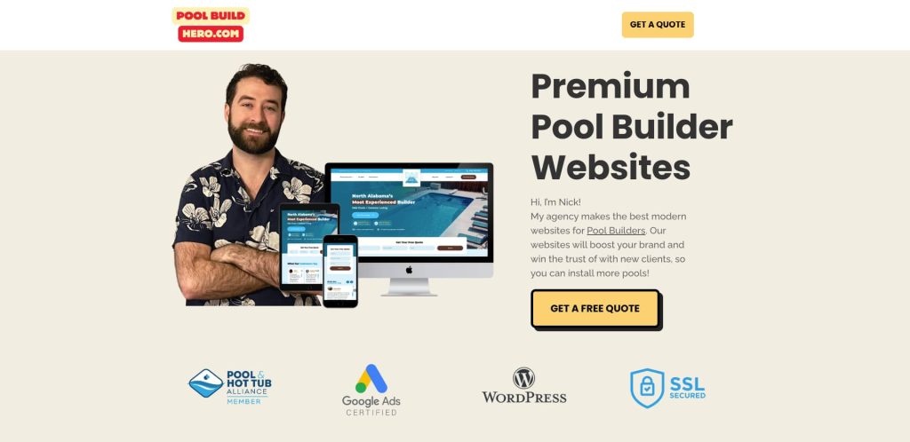 A smiling man with folded arms stands beside a monitor, tablet, and phone displaying a pool website. Text reads “Premium Pool Builder Websites” and promotes custom website services, with logos for industry certifications shown below.