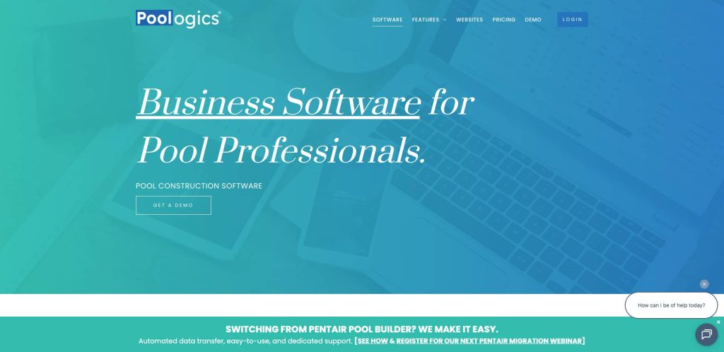 Screenshot of the Poologics homepage displaying the tagline “Business Software for Pool Professionals” over a blue gradient background with images of a laptop, phone, and notebook faintly visible.