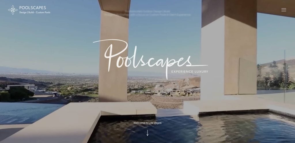 Infinity pool with clear water overlooks a sprawling cityscape and mountains under a blue sky, framed by large modern architectural columns. Text reads Poolscapes: Experience Luxury.