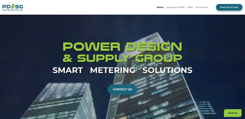 Homepage of Power Design & Supply Group website, featuring two illuminated modern skyscrapers at night, with bold green and white text reading POWER DESIGN & SUPPLY GROUP SMART METERING SOLUTIONS and a Contact Us button.