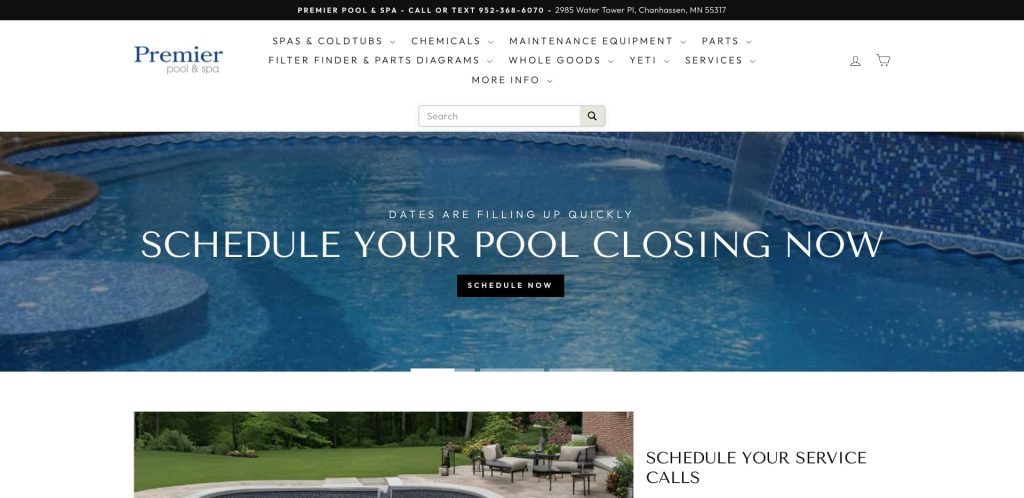 Website homepage featuring a banner image of a swimming pool with the text Schedule Your Pool Closing Now and a Schedule Now button; navigation and search bar appear at the top.