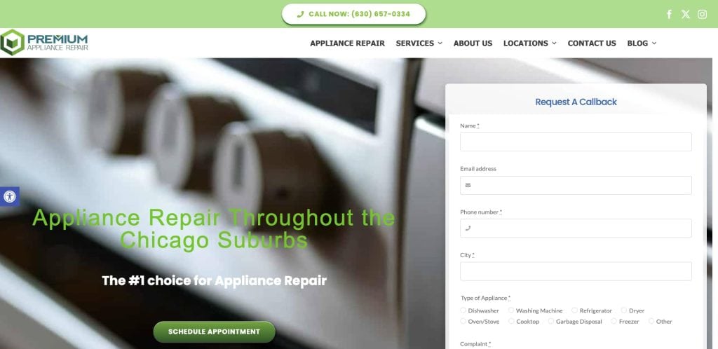 A website homepage for Premium Appliance Repair, featuring a blurred close-up of a kitchen appliance, a contact form to request a callback, and navigation links at the top.