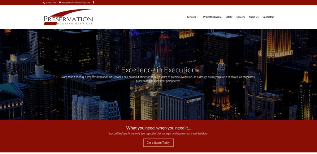 Screenshot of Preservation Roofing Services website homepage, showing a cityscape background at night with illuminated buildings, company logo, navigation menu, and a highlighted button labeled “Get a Quote Today!”.