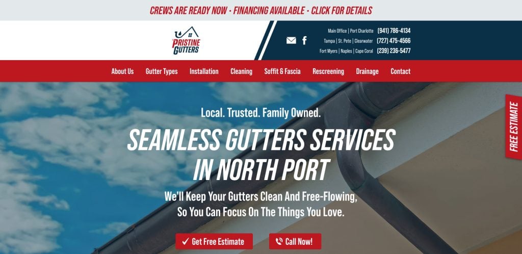 Screenshot of Pristine Gutters website homepage, featuring a gutter image, navigation menu, company contact info, and a headline: Seamless Gutters Services in North Port with red buttons for free estimates and calls.