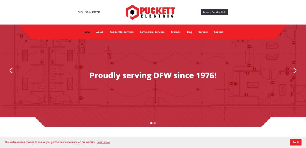 Screenshot of Puckett Electric’s website homepage, featuring their logo, navigation menu, a “Book Service Call” button, and a banner stating “Proudly serving DFW since 1976!” over a technical background.