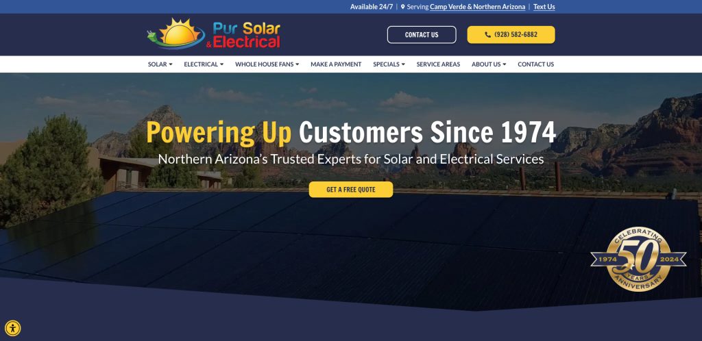Website homepage for Pur Solar & Electrical, featuring a banner that reads Powering Up Customers Since 1974 and Northern Arizonas Trusted Experts for Solar and Electrical Services, with a 50 Years emblem and a Get a Free Quote button.