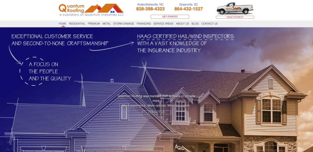 A website homepage for Quantum Roofing features a large image of a suburban house with overlay text highlighting exceptional customer service and craftsmanship. The header shows contact info, logos, and navigation links.