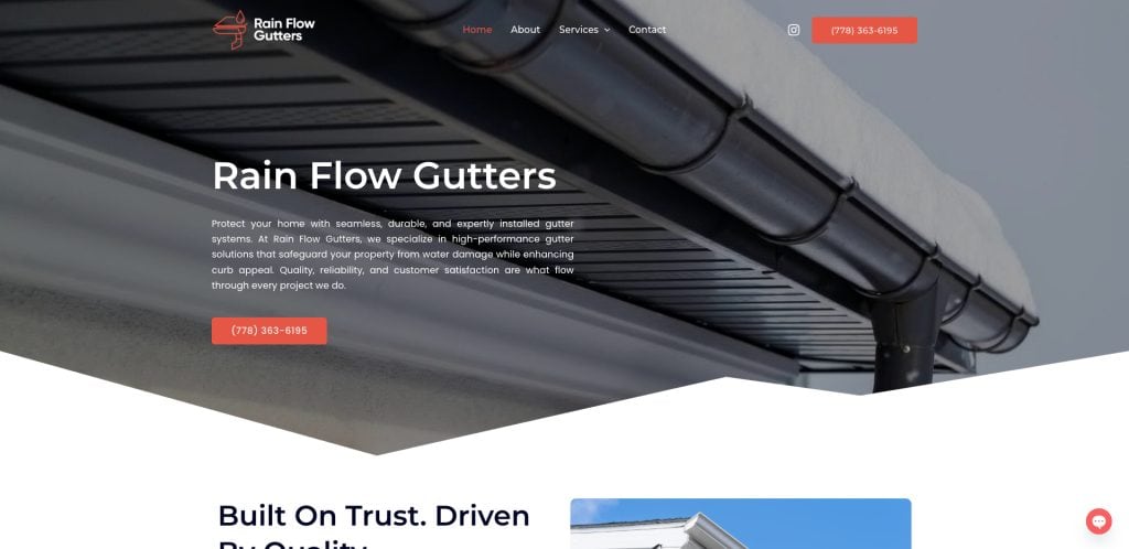 Website homepage for Rain Flow Gutters showing a close-up of a black gutter system under a roof, navigation menu, contact button, and introductory text about gutter services on a clean, modern layout.