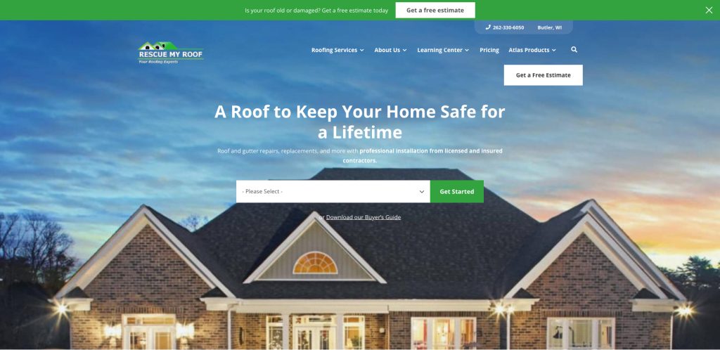 A home roofing company website homepage features a large house, navigation bar, company logo, and a header reading “A Roof to Keep Your Home Safe for a Lifetime,” with a menu to select services and a button to get started.