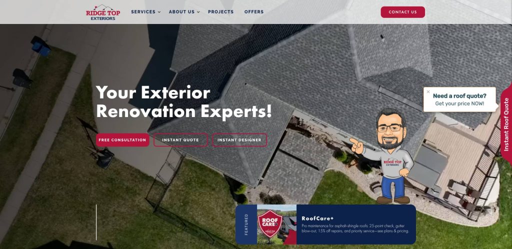 Aerial view of a house roof with text overlay: Your Exterior Renovation Experts! Buttons for free consultation, instant quote, and instant designer appear, along with a cartoon man holding a sign and a chat offer.