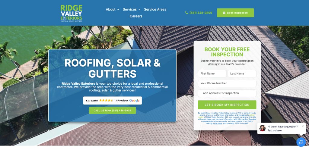 Screenshot of Ridge Valley Exteriors website showing options to book a free roof inspection, with contact info, navigation menu, and an aerial view of a house with brown roofing.