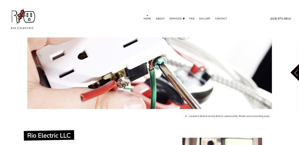 Close-up of a person wiring an electrical outlet with a screwdriver; the Rio Electric LLC website header and navigation menu are visible at the top.