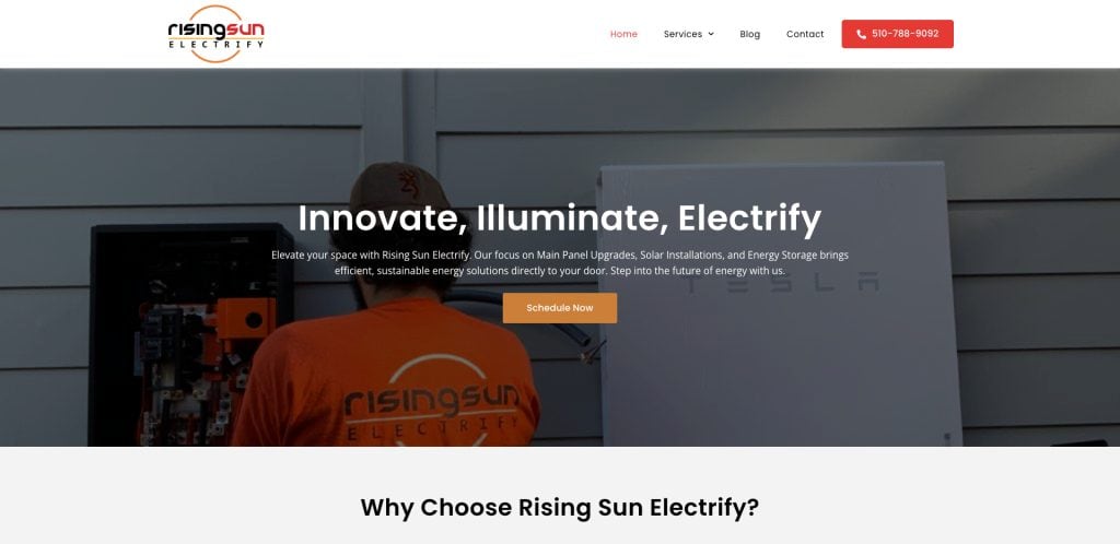 Screenshot of the Rising Sun Electrify website homepage, featuring a person in an orange shirt working on electrical equipment, with the headline “Innovate, Illuminate, Electrify” and a “Schedule Now” button.