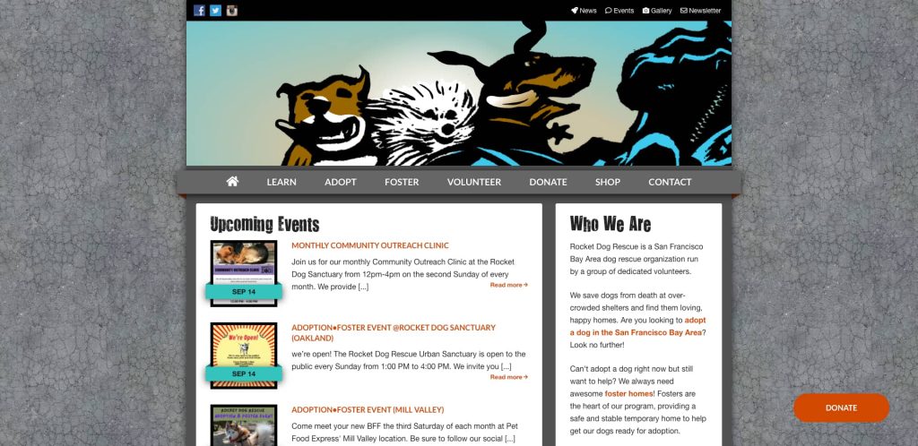 Screenshot of Rocket Dog Rescue’s website featuring a cartoon animal banner, navigation menu, upcoming events list with images on the left, and an About Us section on the right describing the organization’s mission.
