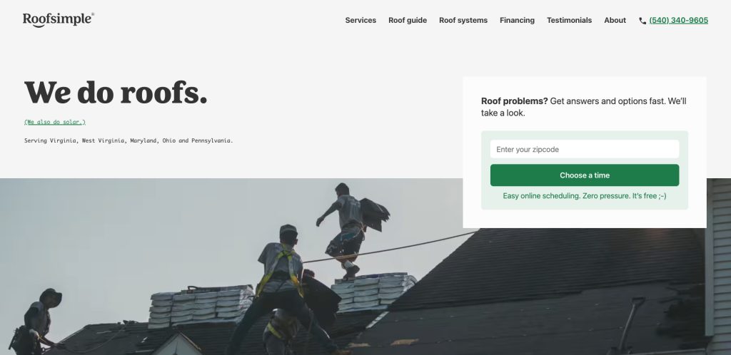 Three workers wearing safety harnesses install shingles on a house roof. The website header displays We do roofs. and a form invites users to enter their zipcode for roof service options.