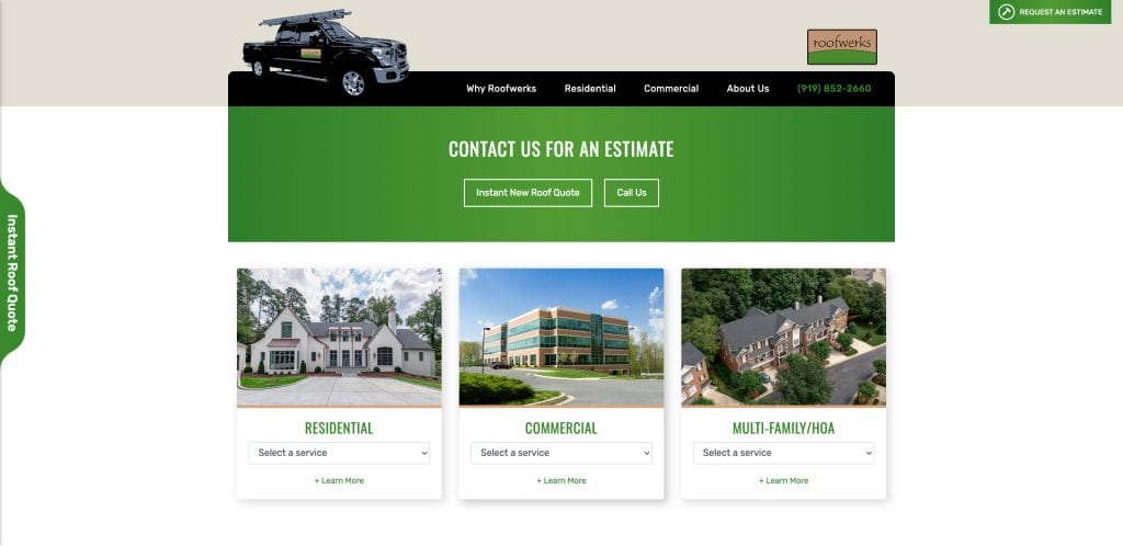 Screenshot of Roofwerks website homepage featuring a header, contact options for a roof estimate, and three service categories: Residential, Commercial, and Multi-Family/HOA, each with a photo and dropdown menu.