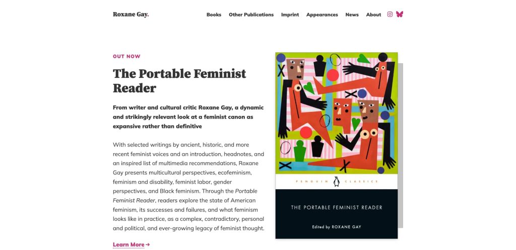Screenshot of a webpage featuring The Portable Feminist Reader. The left side describes the book and its editor, Roxane Gay, while the right shows the book cover with abstract art of women and geometric shapes.