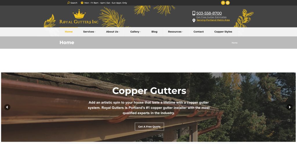 Screenshot of the Royal Gutters Inc. website, featuring a navigation bar, contact info, and a main banner image showing copper gutters on a roof with a button to get a free quote. The page heading is Copper Gutters.