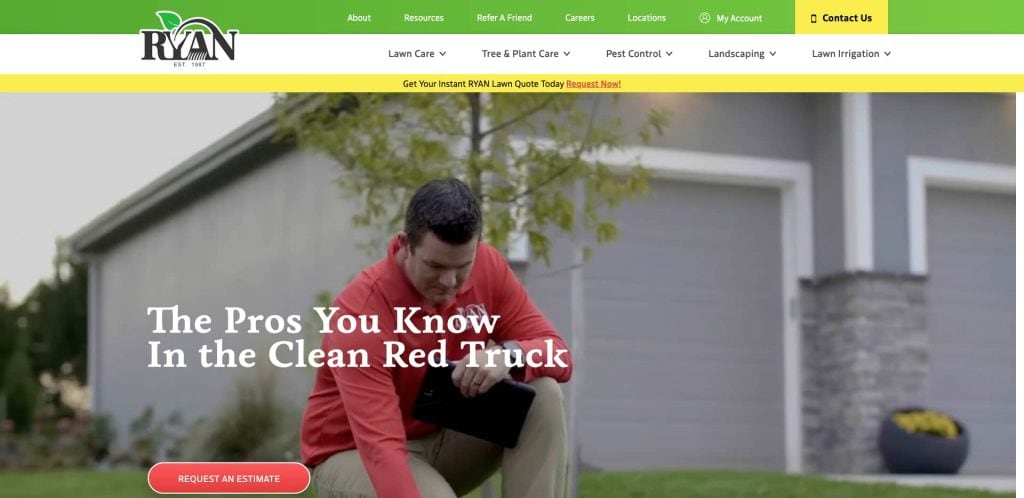 A man in a red sweater kneels on a green lawn, inspecting grass with a tablet in hand. Text reads: “The Pros You Know In the Clean Red Truck.” A “Request Estimate” button is visible. House and garage are blurred in the background.