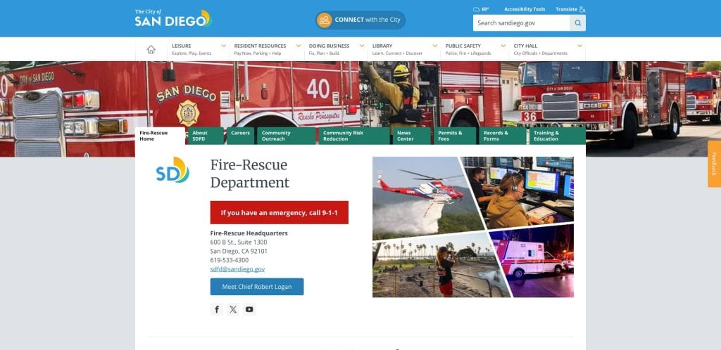 Screenshot of the City of San Diego Fire-Rescue Department webpage, showing fire trucks, emergency response images, and contact info, with a prominent red box instructing to call 9-1-1 in case of emergency.