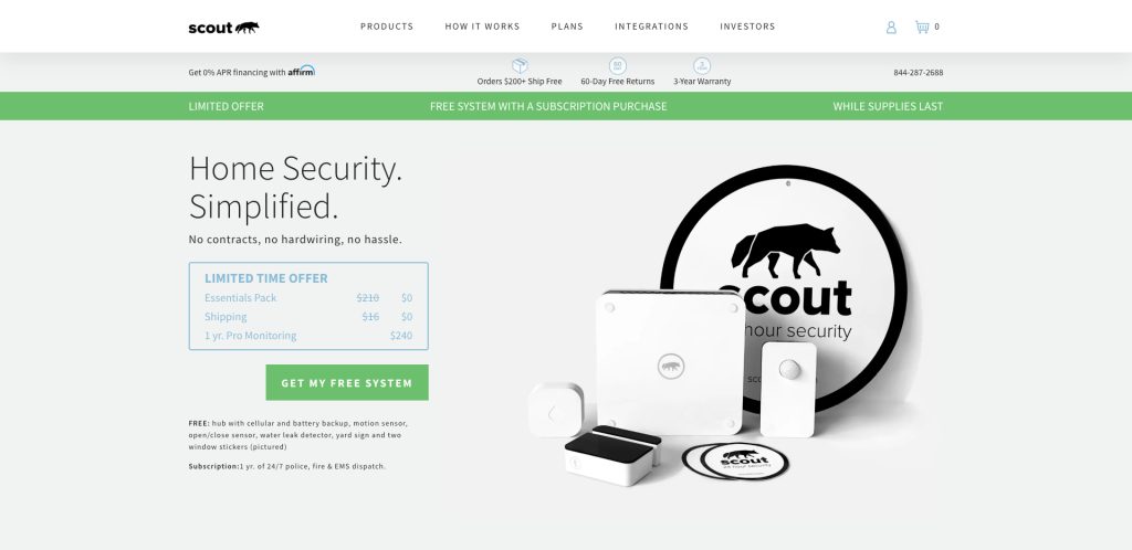 A home security system is displayed, featuring a control hub, keypad, sensors, and a circular sign with a black dog silhouette and scout your security. Text highlights a free system offer with a subscription purchase.