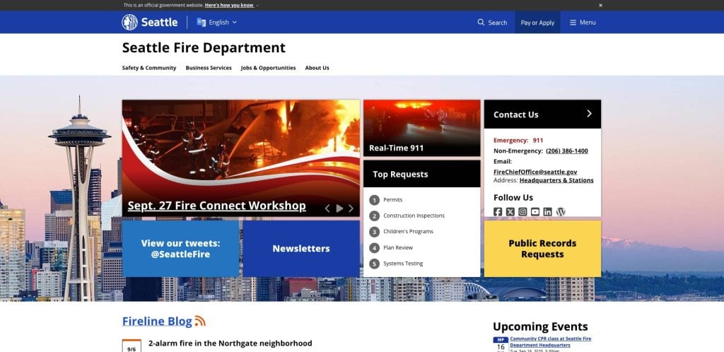 Screenshot of the Seattle Fire Department website, showing navigation menus, emergency contact info, news, a “Sept. 27 Fire Connect Workshop” banner, live tweets, and sections for requests, blog, and upcoming events.