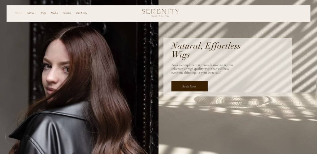 A woman with long brown hair wearing a black leather jacket stands beside a website section that reads Natural, Effortless Wigs with a description and a Book Now button under soft, striped light.