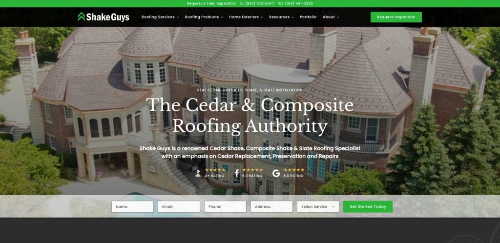 A large, elegant house with complex cedar roofing is shown behind a website banner for Shake Guys, promoting cedar and composite roofing services, with a contact form and green Get Started Today button at the bottom.
