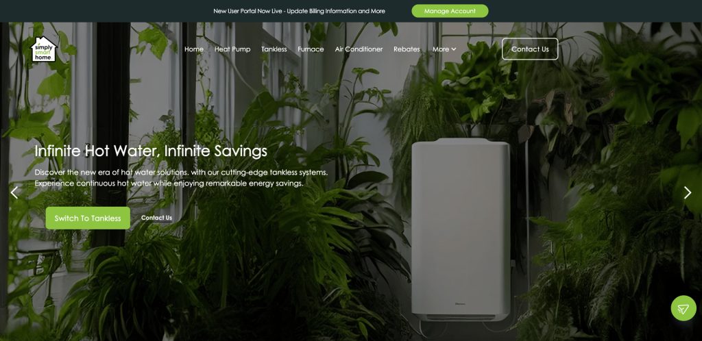 A white tankless water heater is mounted on a wall surrounded by lush green plants. Text on the left promotes energy savings and hot water solutions. A navigation bar and “Switch To Tankless” button are visible.