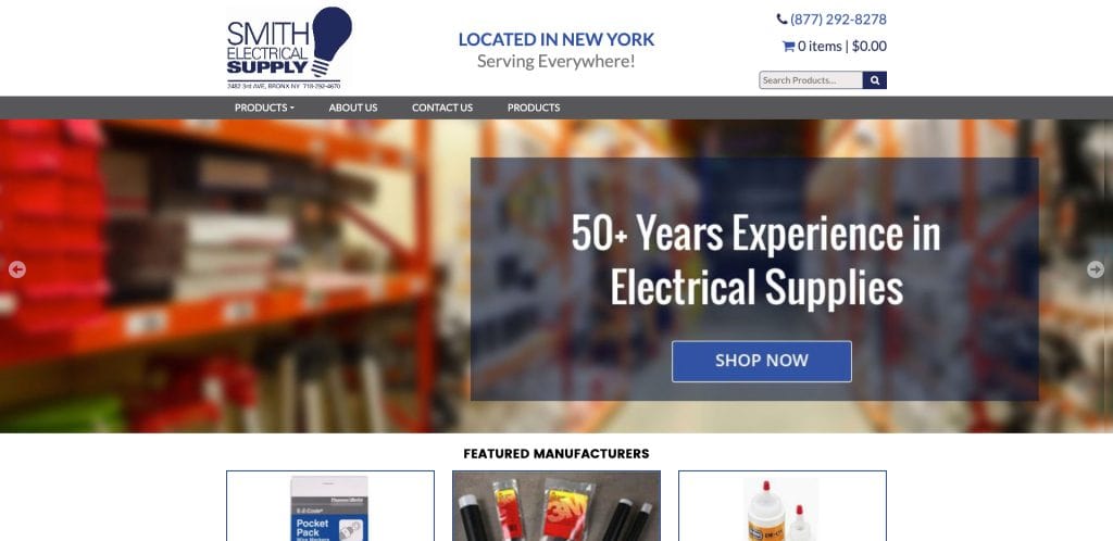 Homepage of Smith Electrical Supply website, featuring a banner that reads 50+ Years Experience in Electrical Supplies, a shop button, navigation menu, contact info, and images of various electrical products.