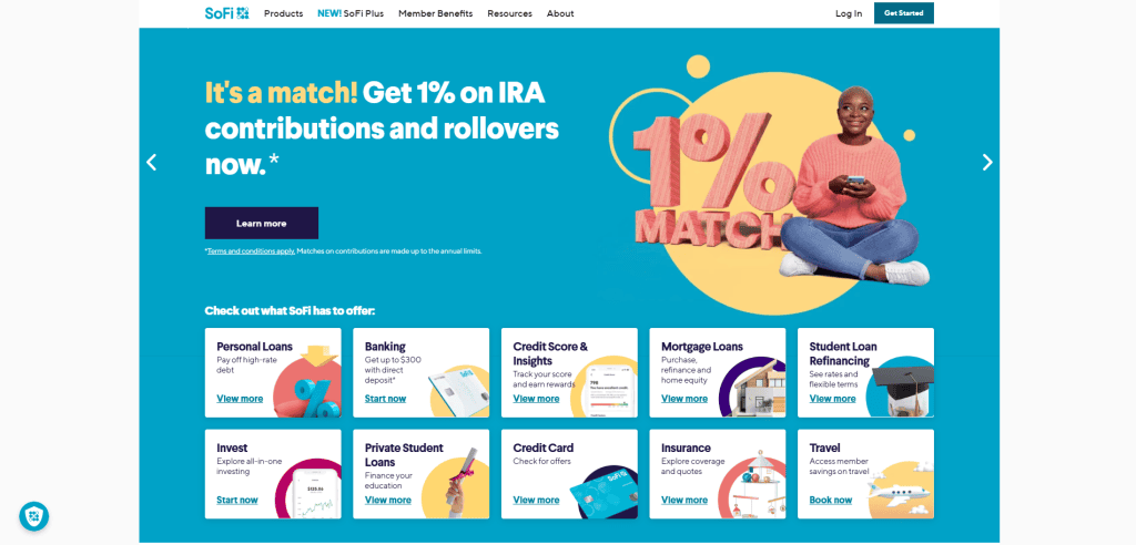 A smiling person sits holding a pink mug next to large 1% MATCH text. The banner advertises a 1% match on IRA contributions. Below are product options like loans, banking, insurance, and credit cards on a blue background.