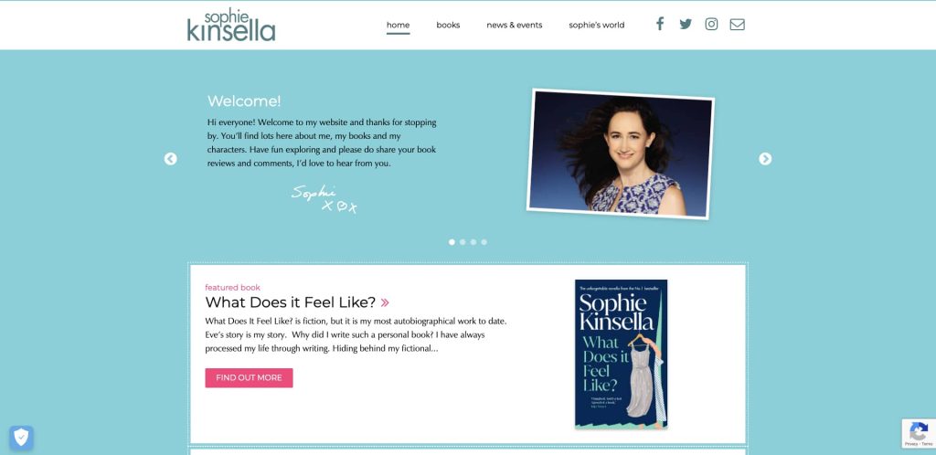 Screenshot of Sophie Kinsella’s website homepage. It features a welcome message, a photo of her smiling, and a section highlighting her memoir What Does It Feel Like? with a book cover and a “Find Out More” button.