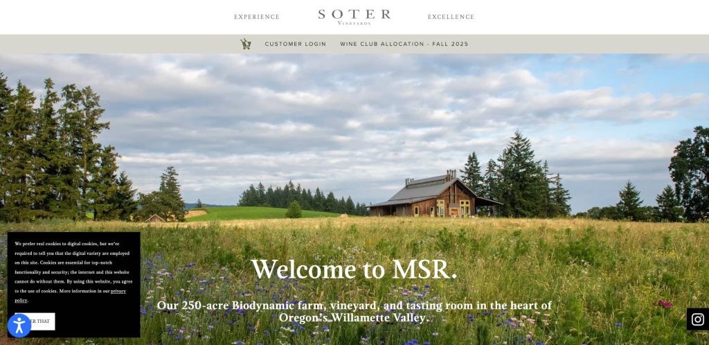 A wooden farmhouse sits amid a field of wildflowers and tall grass, surrounded by trees under a partly cloudy sky at Soter Vineyards in Oregon’s Willamette Valley. Text reads “Welcome to MSR.”.