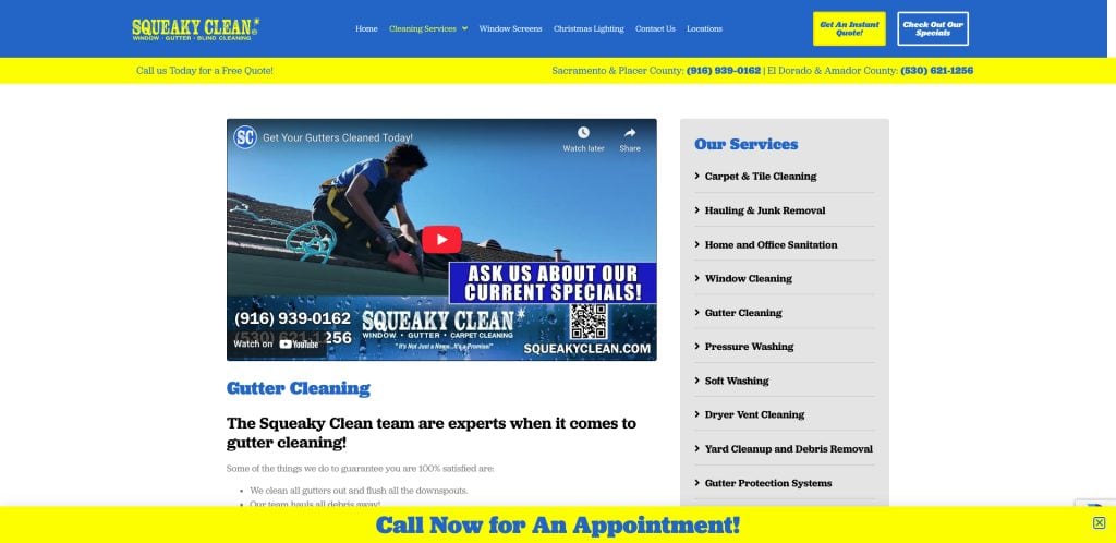 Screenshot of the Squeaky Clean website showing a worker cleaning gutters, a promotional video, company contact info, a list of cleaning services on the right, and a yellow banner at the bottom urging to call for an appointment.