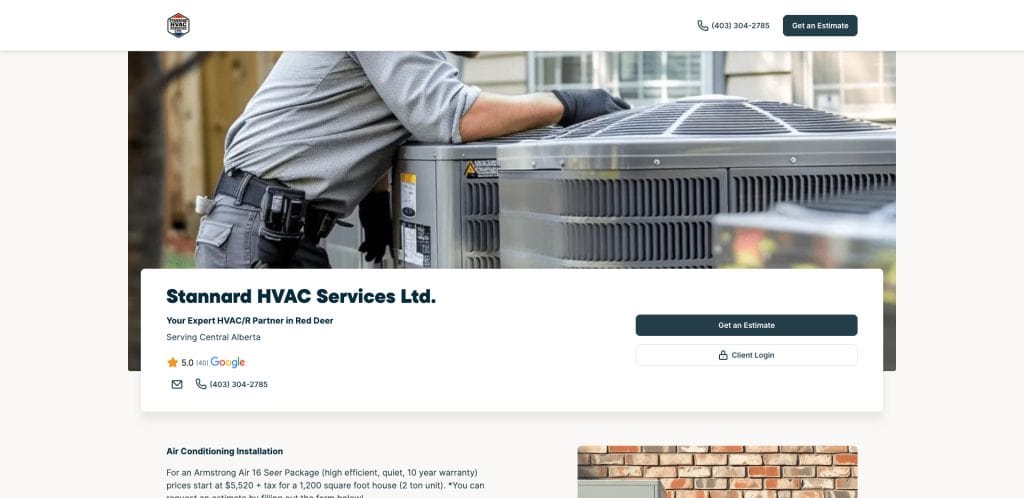 A technician in uniform works on an outdoor HVAC unit next to a house. The website header shows Stannard HVAC Services Ltd. with contact info, options to get an estimate, and a client login button.
