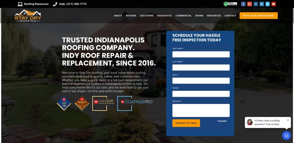 A roofing company website homepage with a form on the right for scheduling a free inspection, company awards displayed, and text highlighting roofing services in Indianapolis since 2016. The background shows a house with a landscaped yard.