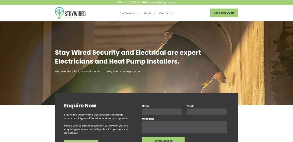 Screenshot of Stay Wired Security and Electrical’s homepage featuring a logo, navigation menu, a headline about expert electricians, and an enquiry form on a dark translucent overlay with a background image of a worker using a drill.