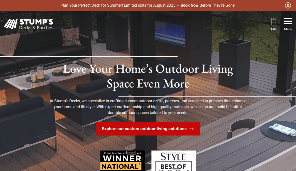 A modern outdoor deck with stylish black furniture and a fire pit is shown. Text promotes Stump’s Decks & Porches custom deck solutions, with award badges and a red button for custom quotes at the bottom.