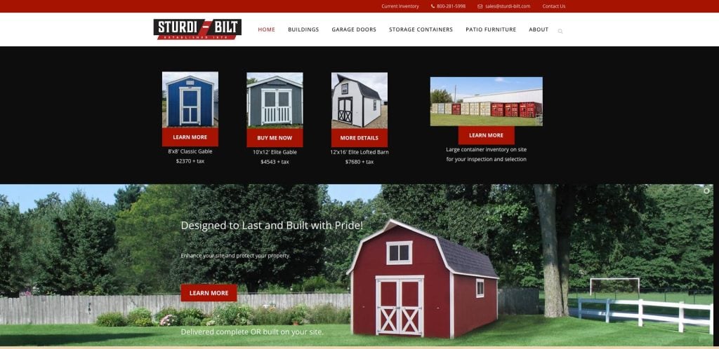 Screenshot of the Sturdi-Bilt website showing storage sheds, garage doors, and portable furniture. Features a red barn-style shed on grass with a white fence and trees in the background.