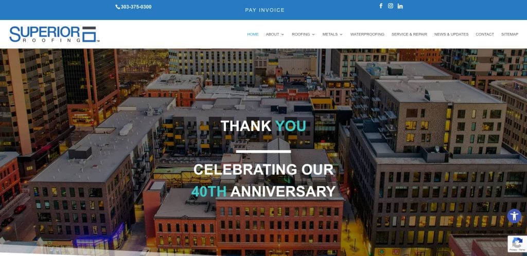 A cityscape view of colorful buildings at dusk with the Superior Roofing logo and menu at the top, and the text “Thank You, Celebrating our 40th Anniversary” centered on the image.