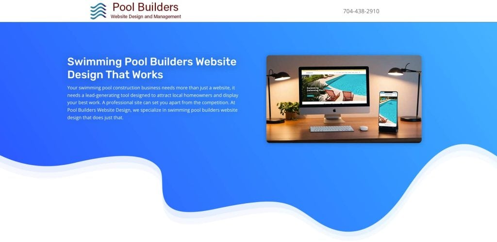 A website header for Pool Builders Website Design and Management shows a blue background, a computer, tablet, and phone displaying pool images, and text about effective swimming pool builder website design.