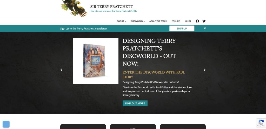 Homepage of Sir Terry Pratchett’s official website, featuring a banner for Designing Terry Pratchetts Discworld – Out Now! with a book cover image, a navigation menu, and a sign-up button for a newsletter.