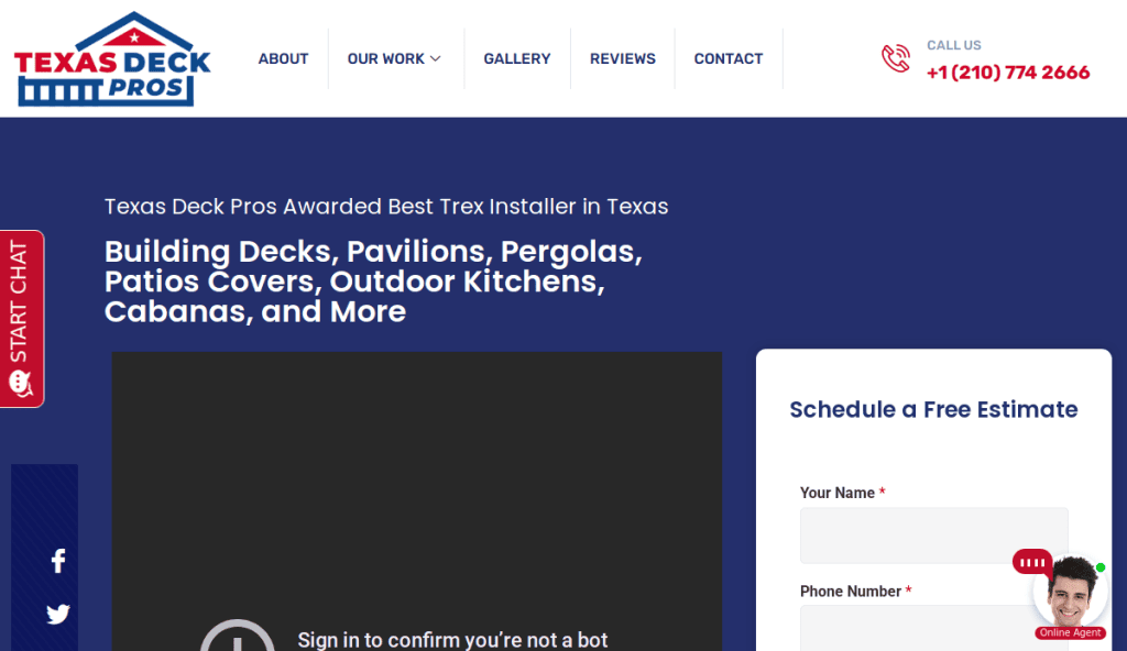 Screenshot of the Texas Deck Pros website featuring services like building decks, pavilions, pergolas, patios, and kitchens. Includes contact info, a free estimate form, and a live chat button on the left side.