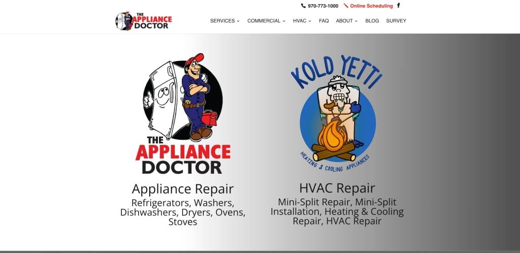 Website screenshot showing two service logos: The Appliance Doctor with a cartoon repairman and a broken fridge, and Kold Yeti with a cartoon yeti roasting marshmallows. Services include appliance and HVAC repair.