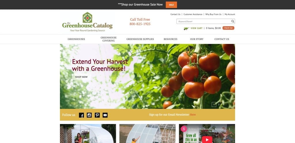 Screenshot of The Greenhouse Catalog website homepage, featuring navigation links, a phone number, and a banner with ripe tomatoes on the vine. Text reads, “Extend Your Harvest with a Greenhouse! Shop Now.”.