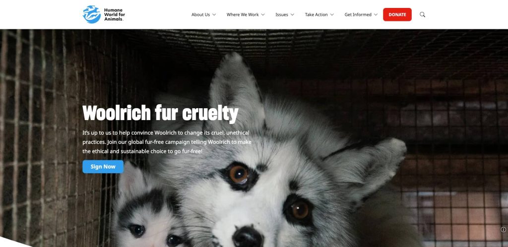 Two caged foxes with white and black fur look out from behind wire mesh. Text over the image advocates against woolrich fur cruelty and encourages signing a petition to help end unethical practices.