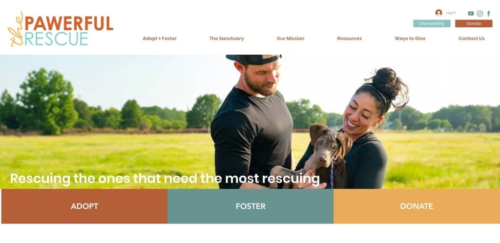 A smiling couple stands outdoors in a grassy field, holding a happy dog. The website banner reads “Pawerful Rescue” with options to adopt, foster, or donate. The text says, “Rescuing the ones that need the most rescuing.”.